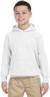 Am image of a Custom Gildan Heavy Blend Hooded Youth Sweatshirt in White!