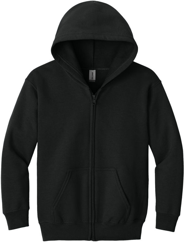 Am image of a Custom Gildan Heavy Blend Youth Full Zip Hooded Sweatshirt in Black!