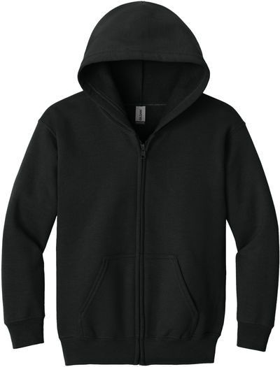 Am image of a Custom Gildan Heavy Blend Youth Full Zip Hooded Sweatshirt in Black!