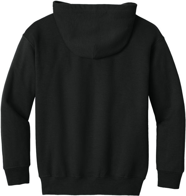Am image of a Custom Gildan Heavy Blend Youth Full Zip Hooded Sweatshirt in Black!