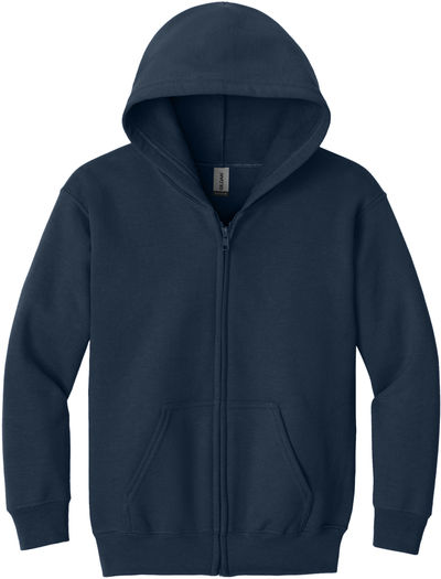 Am image of a Custom Gildan Heavy Blend Youth Full Zip Hooded Sweatshirt in Navy!