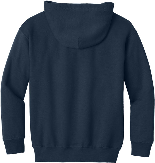 Am image of a Custom Gildan Heavy Blend Youth Full Zip Hooded Sweatshirt in Navy!