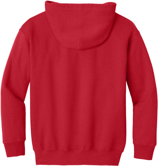 Am image of a Custom Gildan Heavy Blend Youth Full Zip Hooded Sweatshirt in Red!