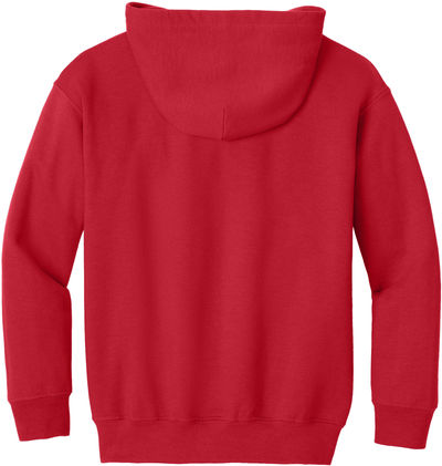 Am image of a Custom Gildan Heavy Blend Youth Full Zip Hooded Sweatshirt in Red!