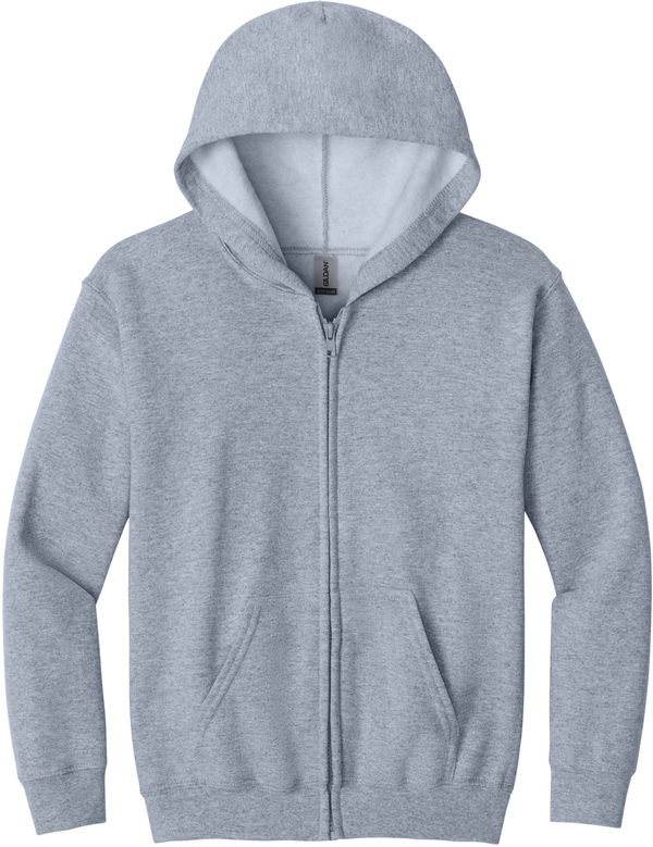 Am image of a Custom Gildan Heavy Blend Youth Full Zip Hooded Sweatshirt in Sport Grey!
