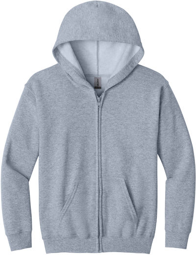 Am image of a Custom Gildan Heavy Blend Youth Full Zip Hooded Sweatshirt in Sport Grey!