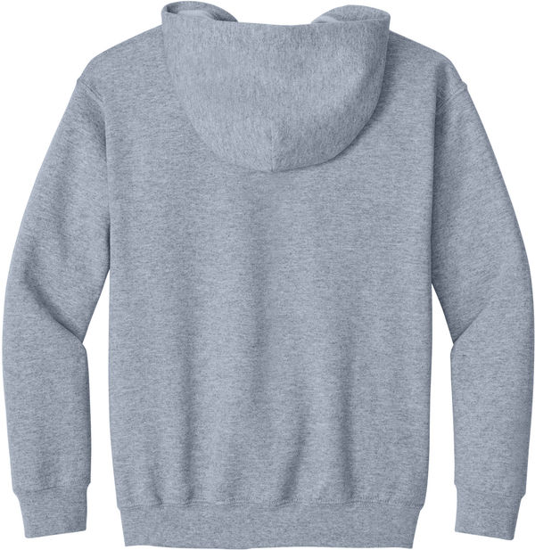 Am image of a Custom Gildan Heavy Blend Youth Full Zip Hooded Sweatshirt in Sport Grey!