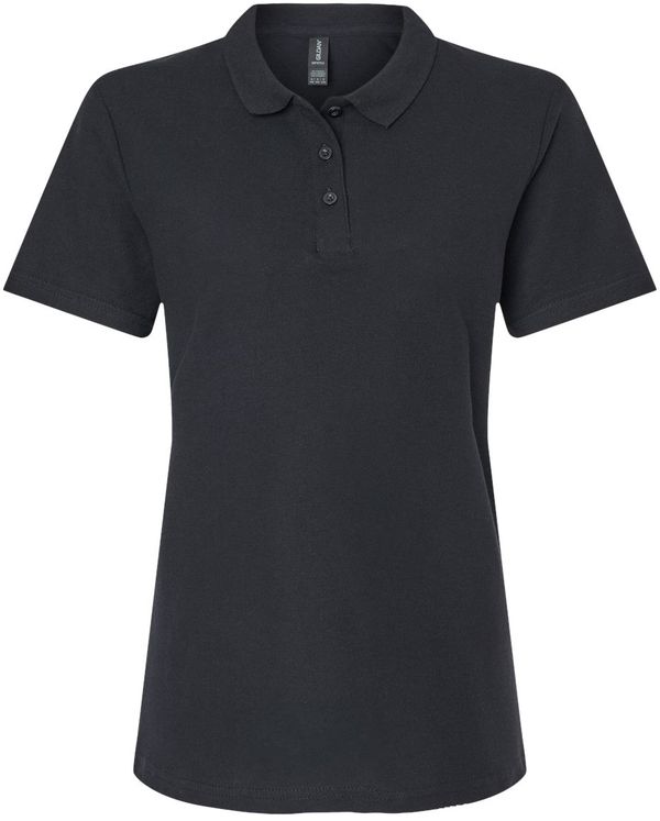 Am image of a Custom Gildan Ladies' Softstyle Double Pique Polo in BLACK!