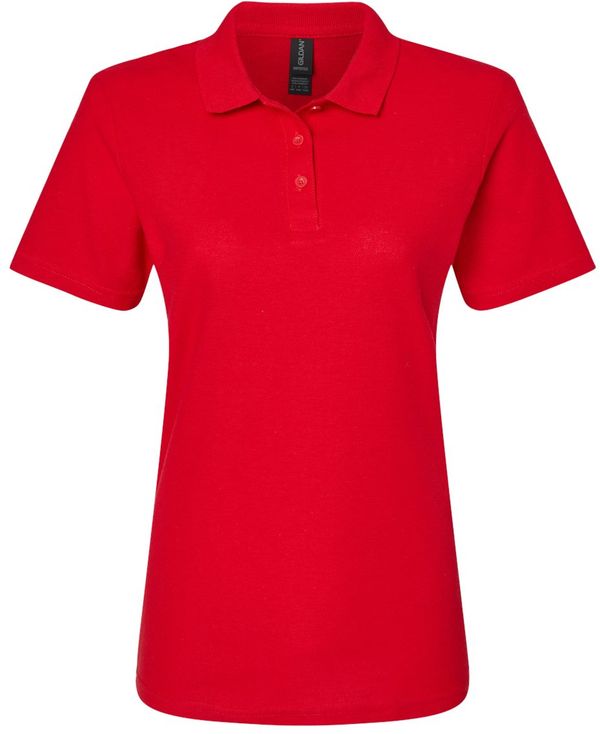 Am image of a Custom Gildan Ladies' Softstyle Double Pique Polo in CHERRY RED!