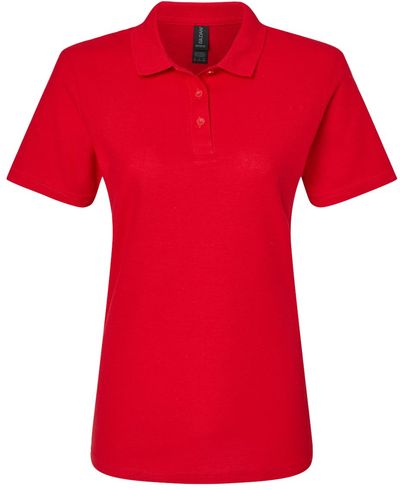 Am image of a Custom Gildan Ladies' Softstyle Double Pique Polo in CHERRY RED!