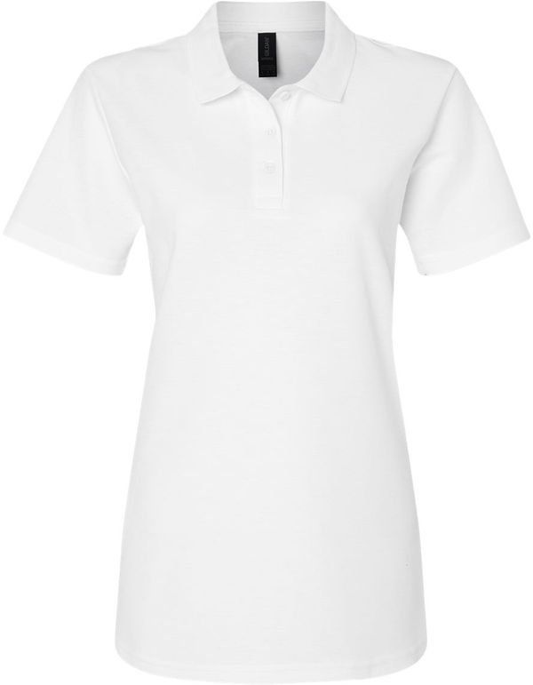 Am image of a Custom Gildan Ladies' Softstyle Double Pique Polo in WHITE!
