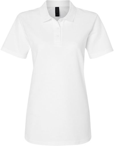 Am image of a Custom Gildan Ladies' Softstyle Double Pique Polo in WHITE!