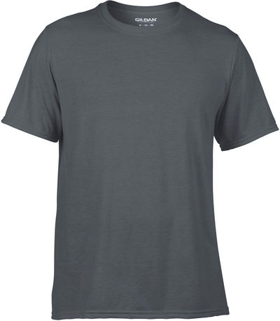 Am image of a Custom Gildan Performance T shirt in Charcoal!