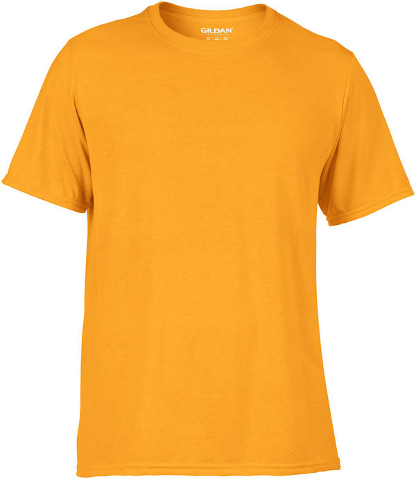 Am image of a Custom Gildan Performance T shirt in Gold!