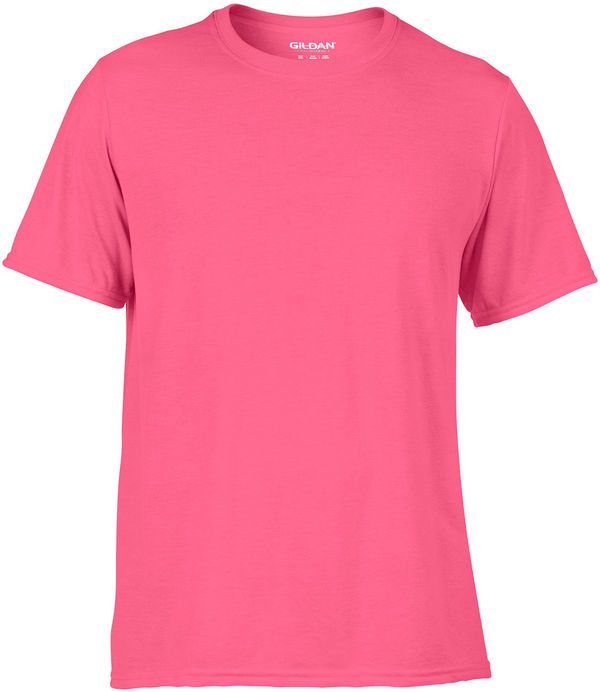Am image of a Custom Gildan Performance T shirt in Safety Pink!