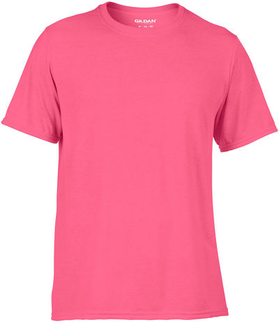 Am image of a Custom Gildan Performance T shirt in Safety Pink!