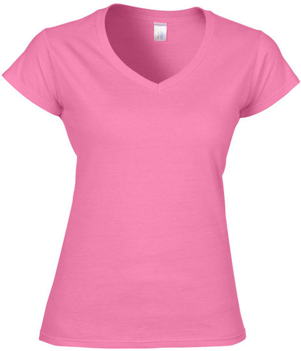 Am image of a Custom Gildan Softstyle Ladies V Neck T Shirt in Azalea!