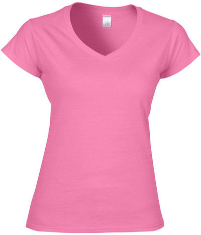 Am image of a Custom Gildan Softstyle Ladies V Neck T Shirt in Azalea!