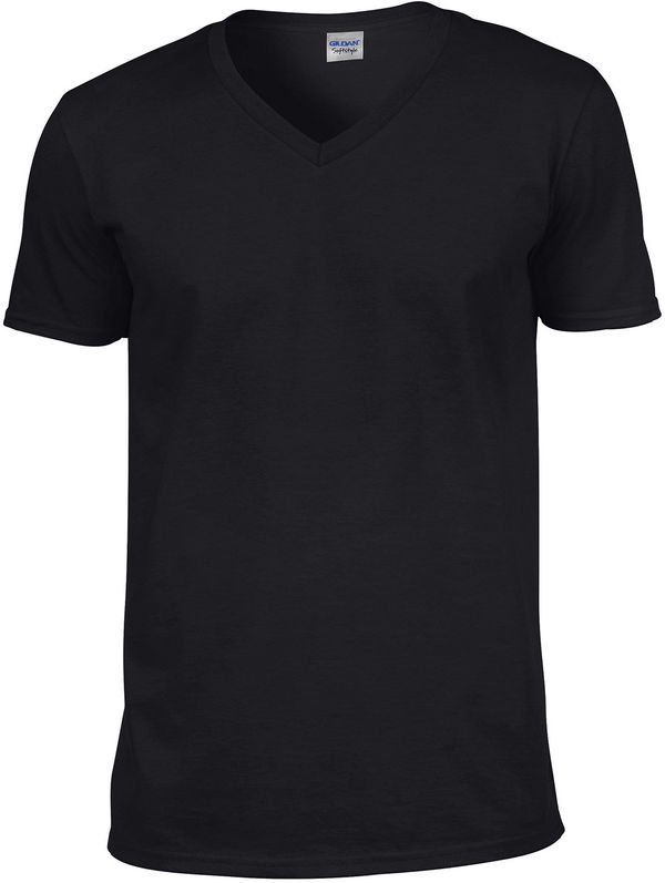 Am image of a Custom Gildan SoftStyle V Neck T Shirt in Black!