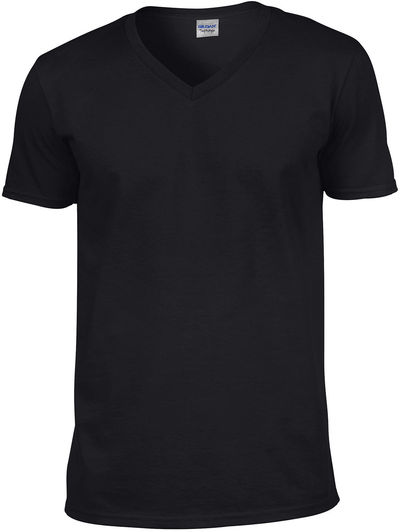 Am image of a Custom Gildan SoftStyle V Neck T Shirt in Black!
