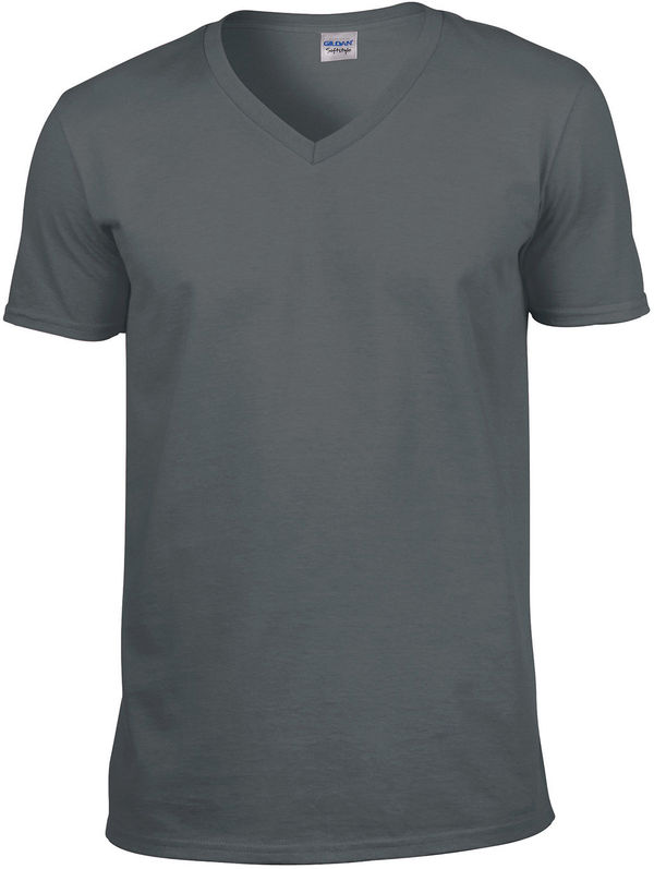 Am image of a Custom Gildan SoftStyle V Neck T Shirt in Charcoal!