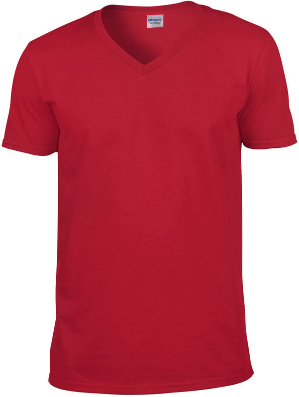 Am image of a Custom Gildan SoftStyle V Neck T Shirt in Cherry Red!