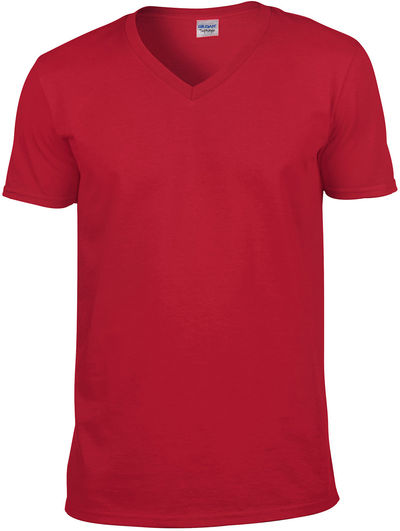 Am image of a Custom Gildan SoftStyle V Neck T Shirt in Cherry Red!