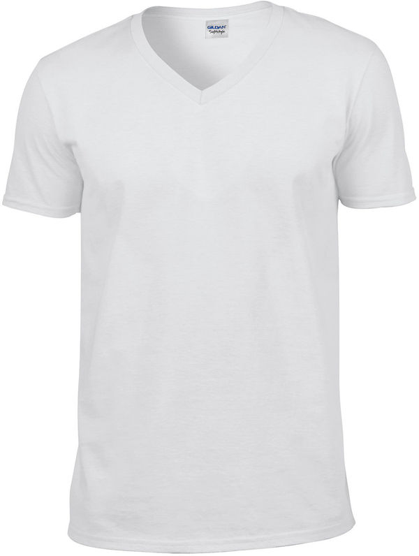 Am image of a Custom Gildan SoftStyle V Neck T Shirt in White!