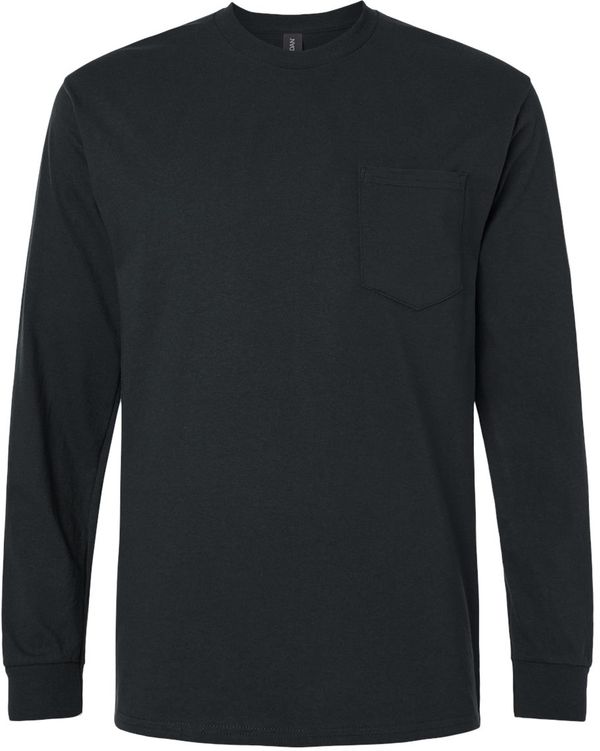 An image of a Custom Gildan Ultra Cotton Long Sleeve Pocket T Shirt in Black!