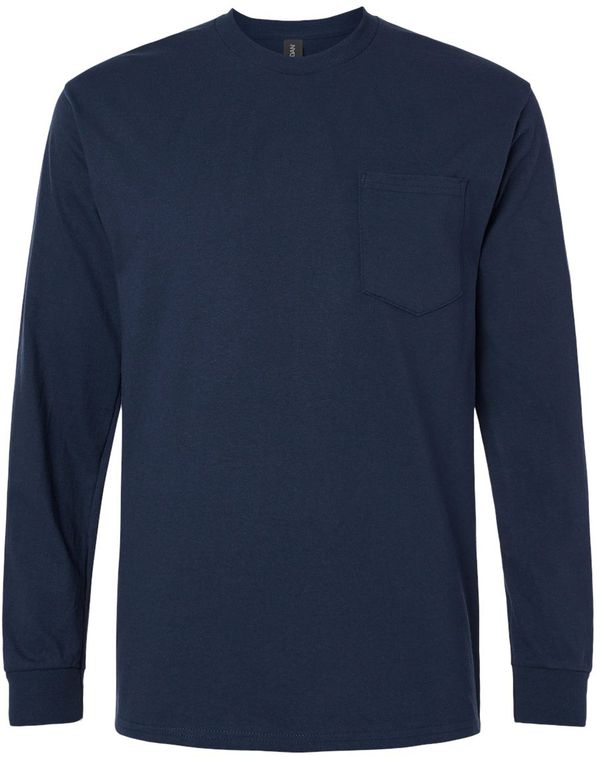 An image of a Custom Gildan Ultra Cotton Long Sleeve Pocket T Shirt in Navy!