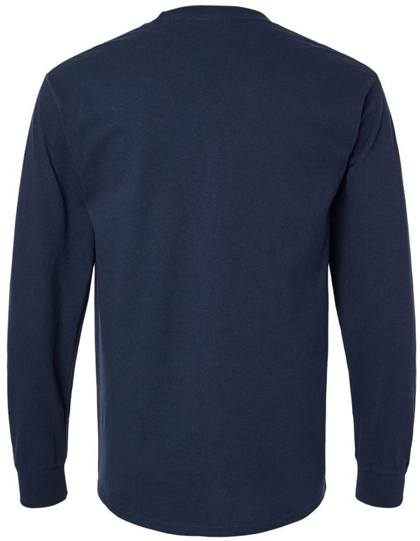 An image of a Custom Gildan Ultra Cotton Long Sleeve Pocket T Shirt in Navy!