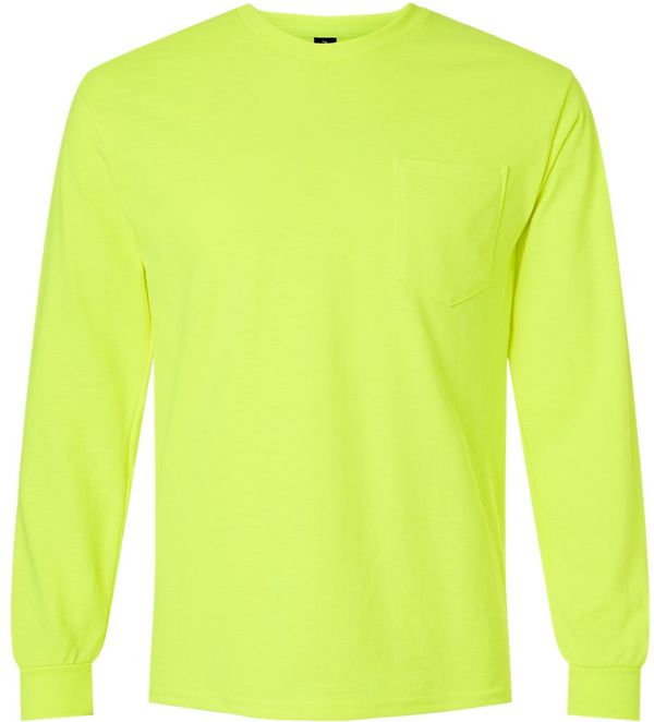 An image of a Custom Gildan Ultra Cotton Long Sleeve Pocket T Shirt in Safety Green!