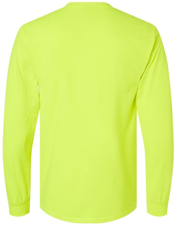 An image of a Custom Gildan Ultra Cotton Long Sleeve Pocket T Shirt in Safety Green!