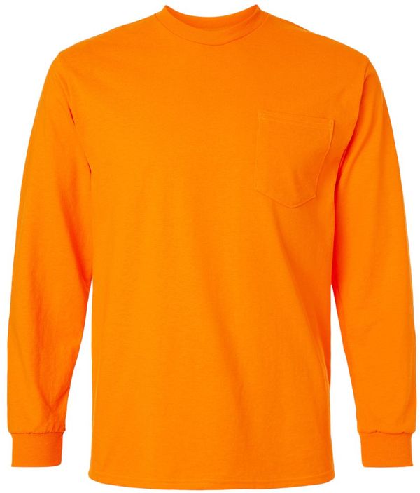 An image of a Custom Gildan Ultra Cotton Long Sleeve Pocket T Shirt in Safety Orange!