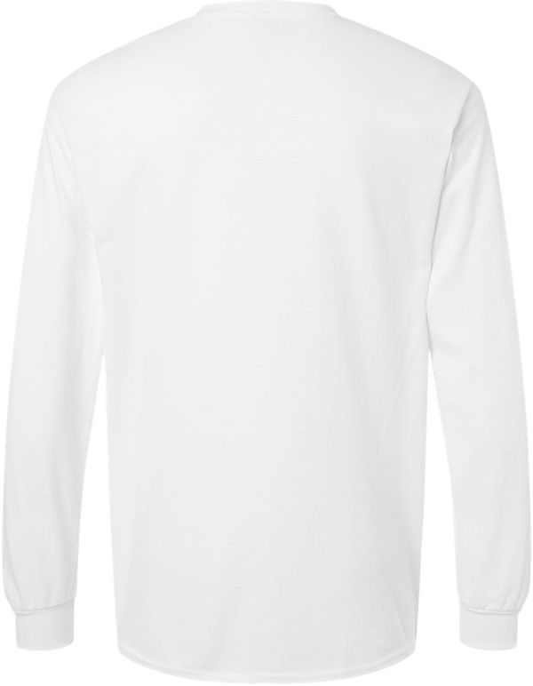 An image of a Custom Gildan Ultra Cotton Long Sleeve Pocket T Shirt in White!