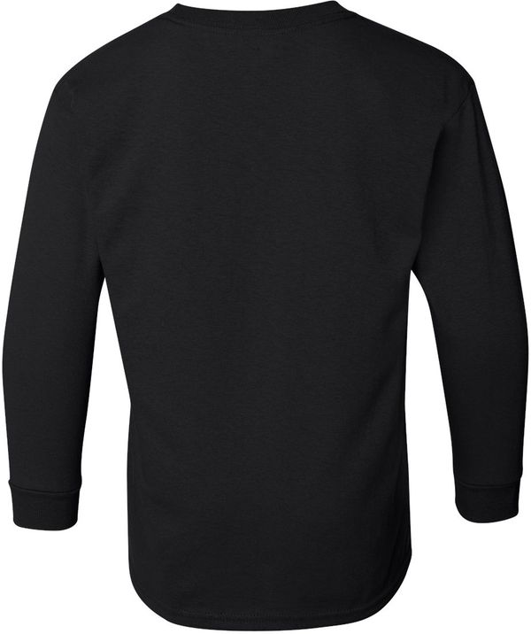 Am image of a Custom Gildan Youth Heavy Cotton Long Sleeve T Shirt in Black!