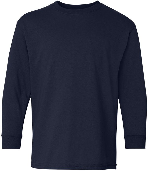 Am image of a Custom Gildan Youth Heavy Cotton Long Sleeve T Shirt in Navy!