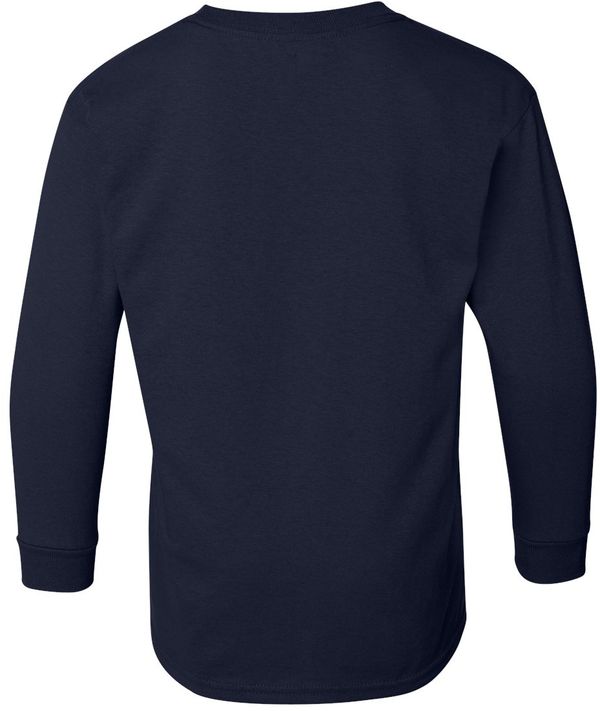 Am image of a Custom Gildan Youth Heavy Cotton Long Sleeve T Shirt in Navy!