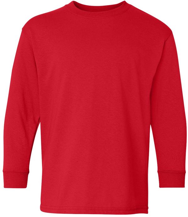 Am image of a Custom Gildan Youth Heavy Cotton Long Sleeve T Shirt in Red!
