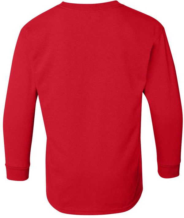 Am image of a Custom Gildan Youth Heavy Cotton Long Sleeve T Shirt in Red!