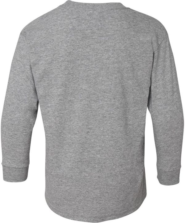 Am image of a Custom Gildan Youth Heavy Cotton Long Sleeve T Shirt in Sport Grey!