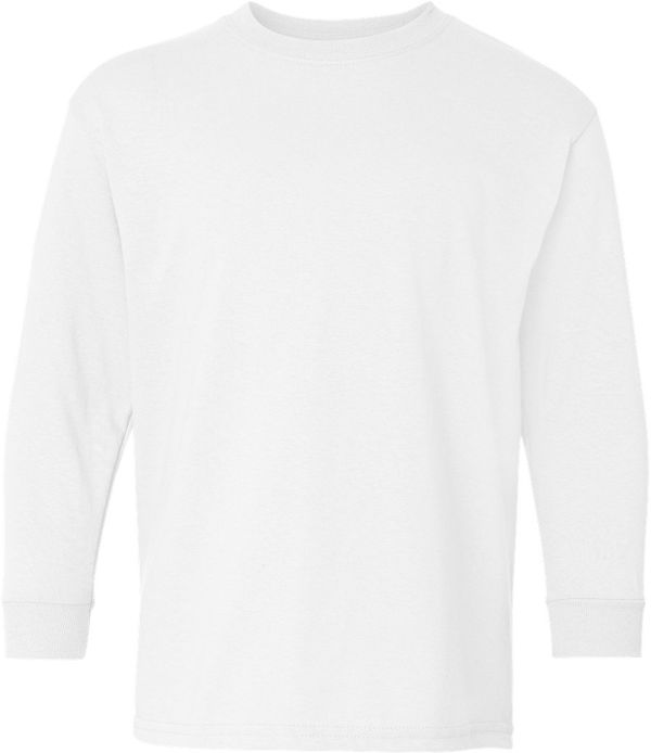 Am image of a Custom Gildan Youth Heavy Cotton Long Sleeve T Shirt in White!