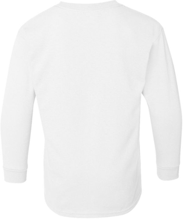 Am image of a Custom Gildan Youth Heavy Cotton Long Sleeve T Shirt in White!