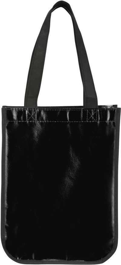 Am image of a Custom Gloss Laminated Non Woven Gift Tote in Black!