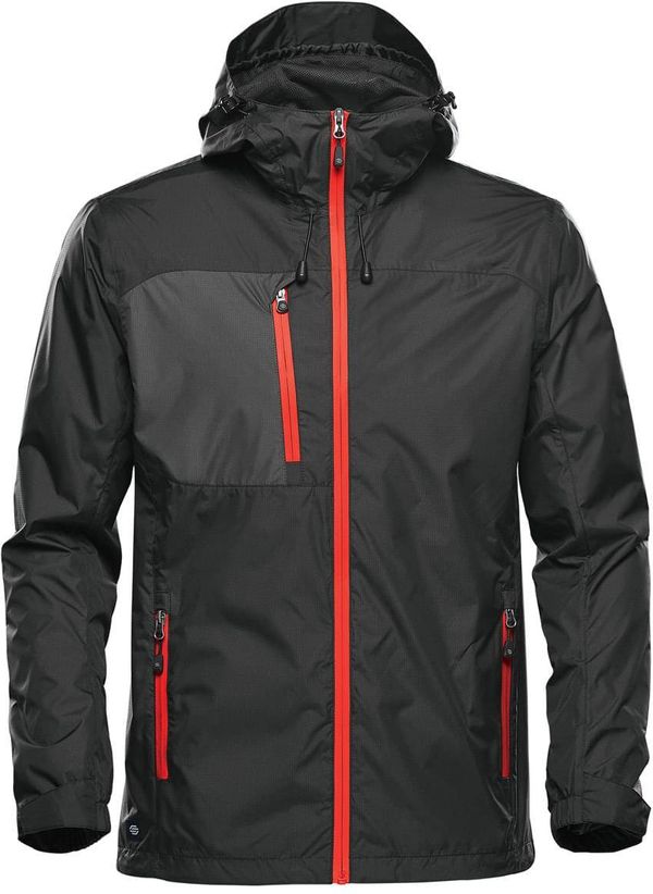 Am image of a Custom Stormtech Mens Olympia Shell in Black/Azure Red!