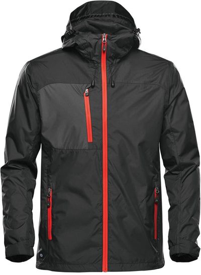 Am image of a Custom Stormtech Mens Olympia Shell in Black/Azure Red!
