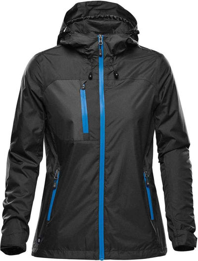 Am image of a Custom Stormtech Womens Olympia Shell in Black/Azure Blue!