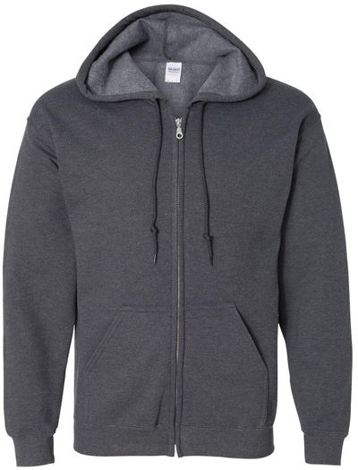 Am image of a Custom Gildan Heavy Blend Full Zip Hooded Sweatshirt in Dark Heather!