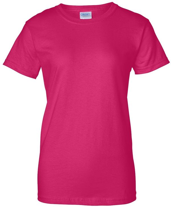 Am image of a Custom Gildan Ultra Cotton Ladies TShirt in Heliconia!