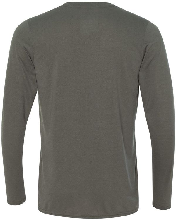 Am image of a Custom Gildan Performance Long Sleeve T Shirt in Charcoal!